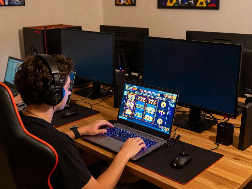 Engaging player enjoying slot777 online on a modern gaming laptop, illuminated by colorful LED lights.