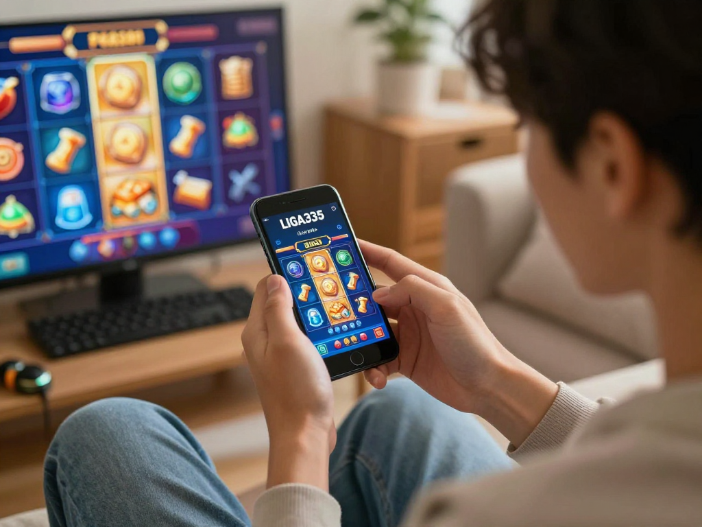 Pengguna aktif aplikasi iga 335 pada ponsel dalam suasana permainan slot yang ceria dan menyenangkan.