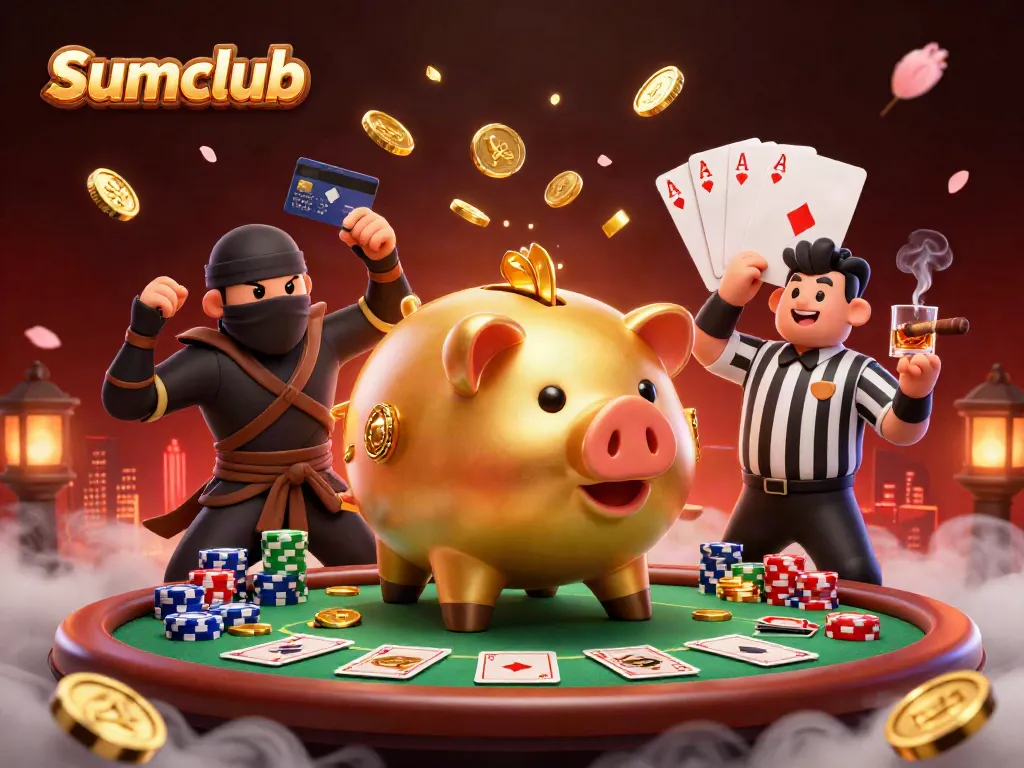 Sumclub gambling scene featuring a golden piggy bank sumo wrestler amidst poker elements