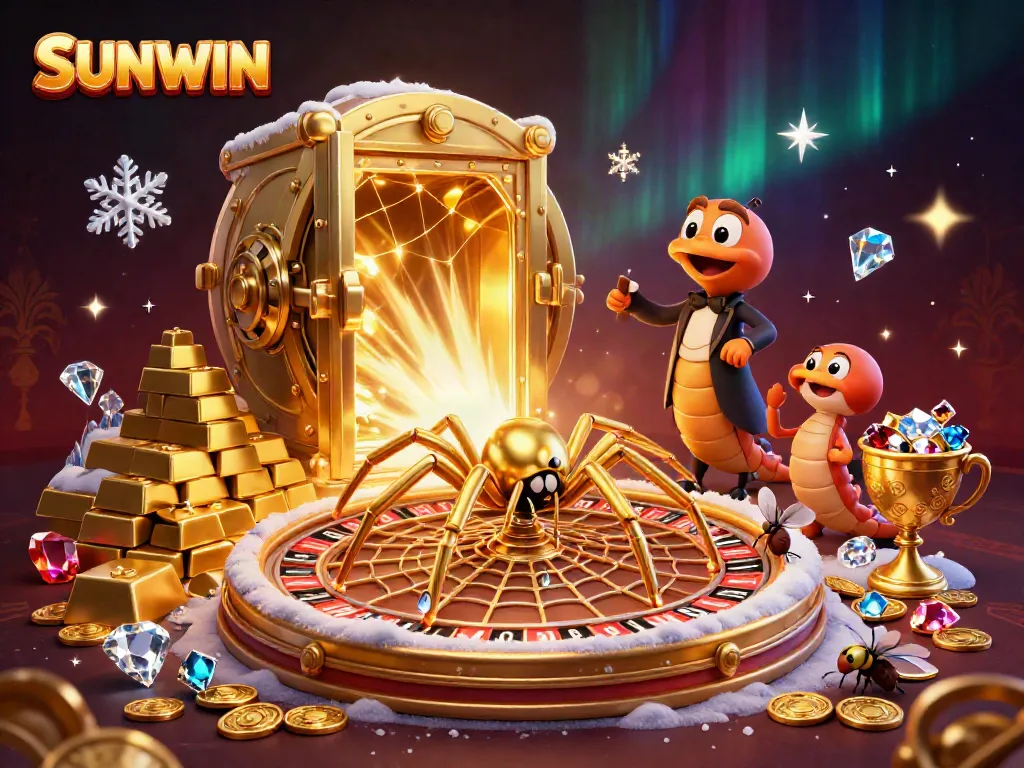 Experience exhilarating play in Sunwin casino with a thrilling golden roulette web and vibrant treasures.