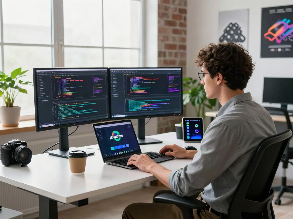 Developer coding on dual monitors showcasing the pikashow app in a bright modern workspace