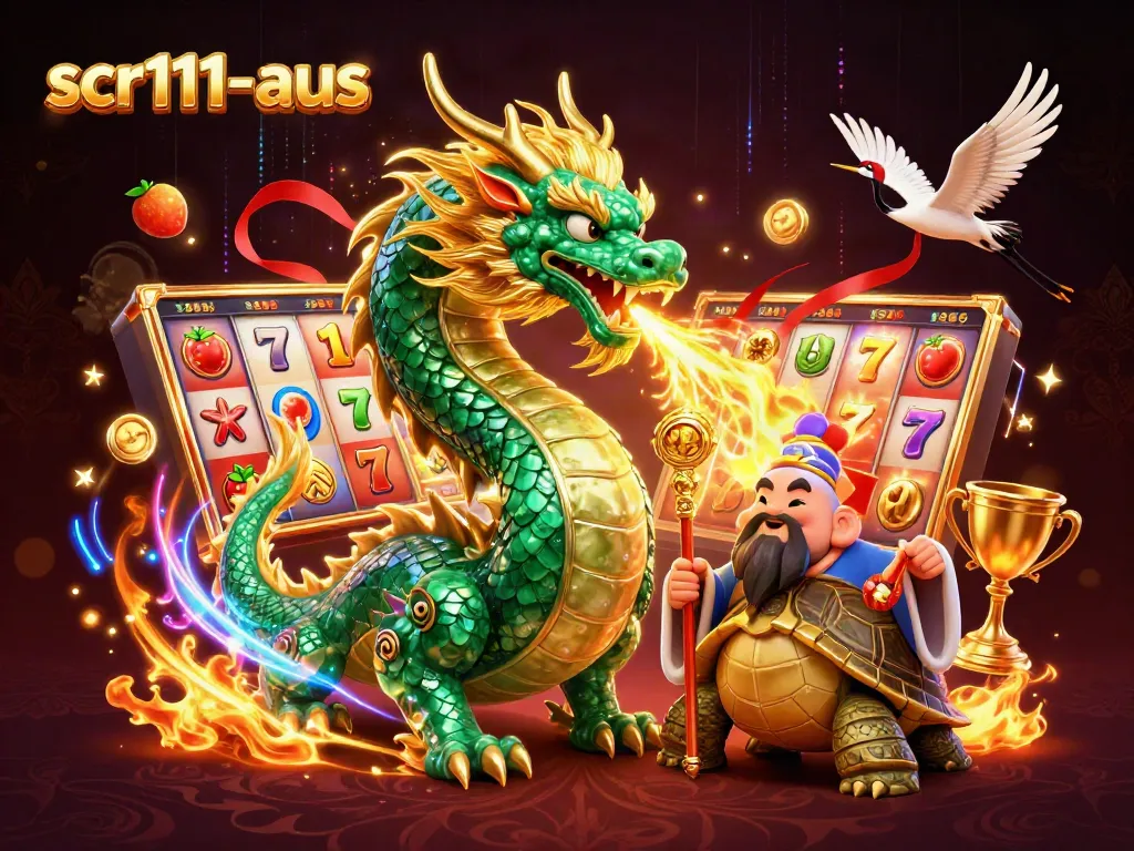 Experience exciting slots action with scr111-aus featuring a jade dragon, pearl cranes, and vibrant golden symbols.