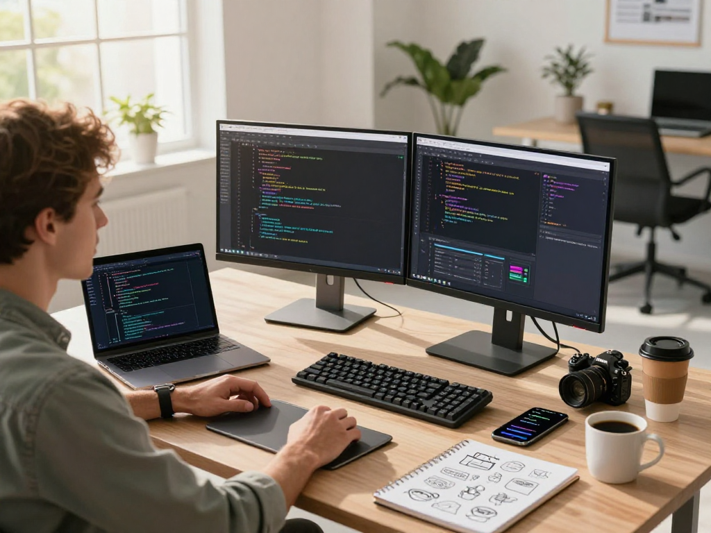 专业软件开发人员在现代办公室中使用WPS Office下载进行编程，显示代码和应用界面。