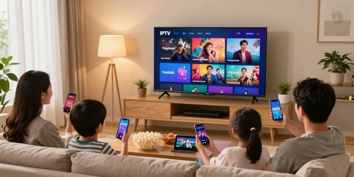 Gezinsleden genieten van de iptv aanbieder met 4K content in een gezellige woonkamer.