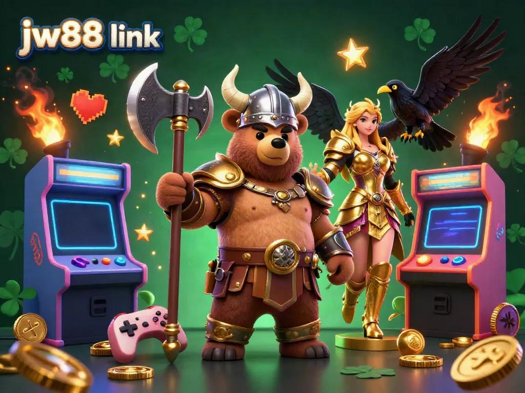 Engage with the thrilling jw88 link in this vibrant 3D scene featuring a Viking berserker bear and Valkyrie eagle amidst casino arcade elements.