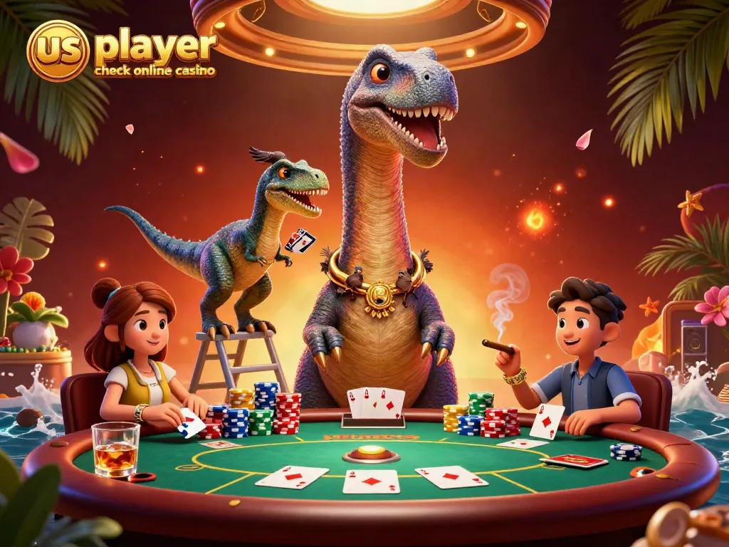 Play poker with the us player check online casino featuring a brontosaurus dealer and colorful chips.