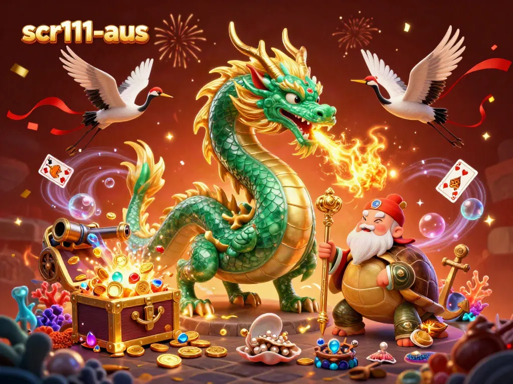 Engage with scr111-aus offerings in a vibrant 3D illustration featuring a jade dragon, turtle sage, and lucky cranes.