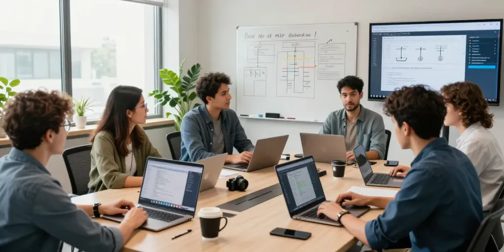 Dynamic team collaborating on mvp development service in a modern workspace with laptops and project updates.