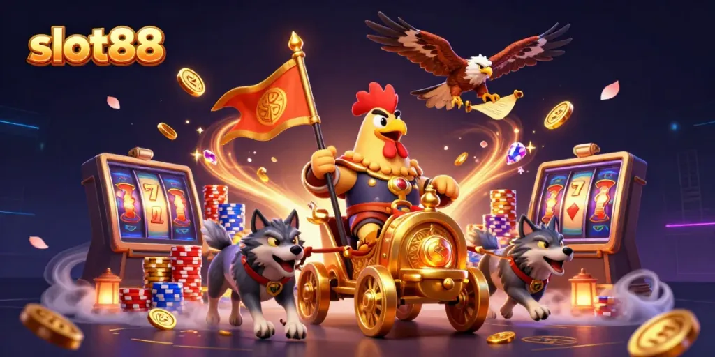Engage in slot88 excitement with a cartoon rooster warlord leading a gold chariot amidst dynamic slots and treasures.