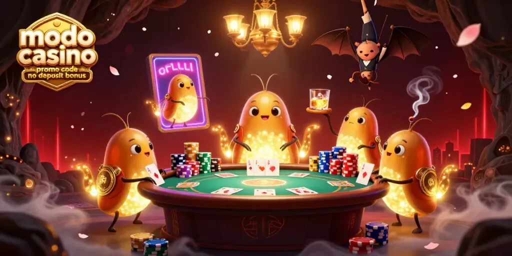 Play and win with modo casino promo code no deposit bonus, featuring vibrant casino characters illuminating a card table.
