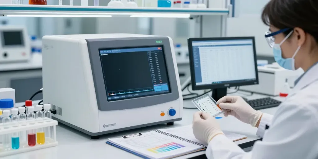 Research scientist using peptide pricing tool in a modern lab.