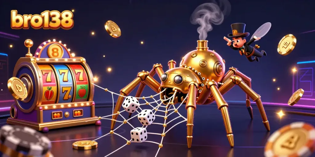 Experience engaging gameplay with bro138: a 3D steampunk spider and lottery elements in a dynamic casino scene.