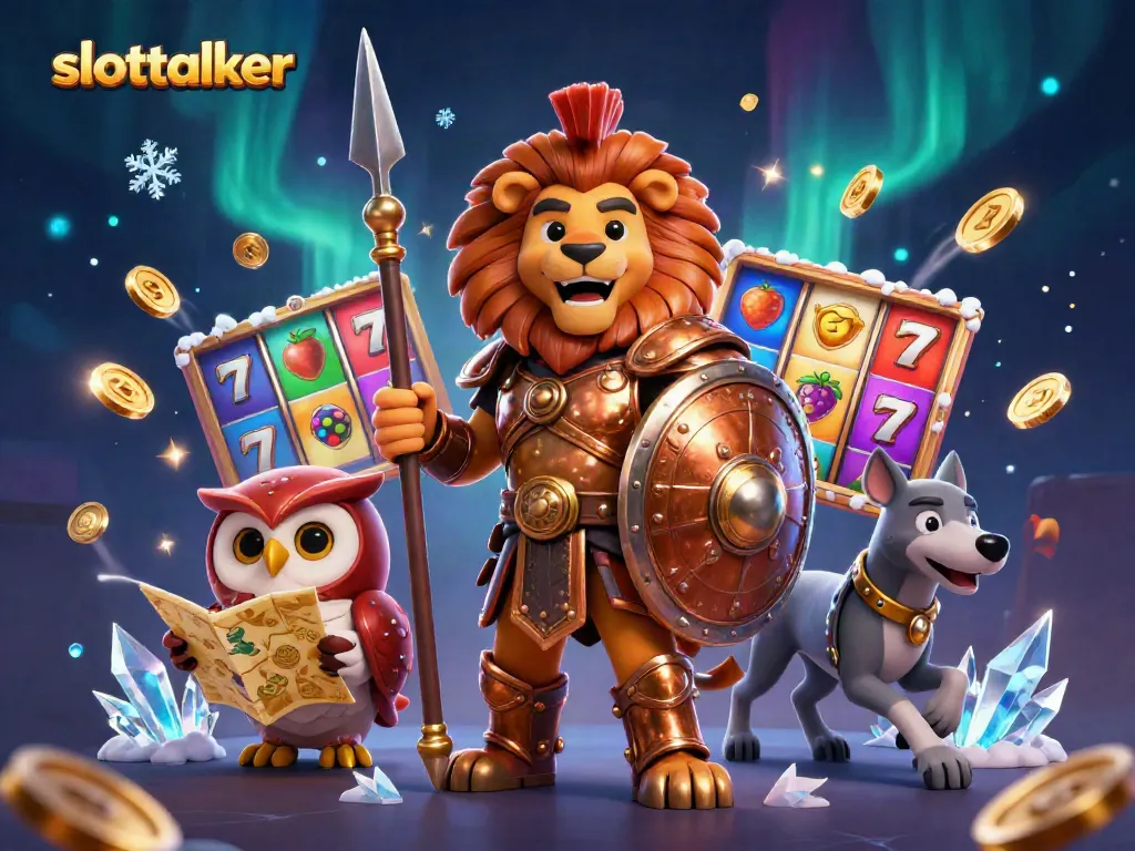 Experience slottalker in this vibrant 3D casino scene, featuring a Spartan lion and dynamic slot reels.
