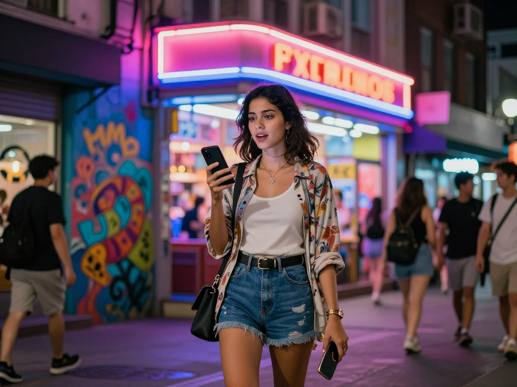 Một phụ nữ trẻ trung tự tin, hấp dẫn với trang phục thời trang, đứng giữa đèn neon, thể hiện gái gọi sành điệu trong đêm
