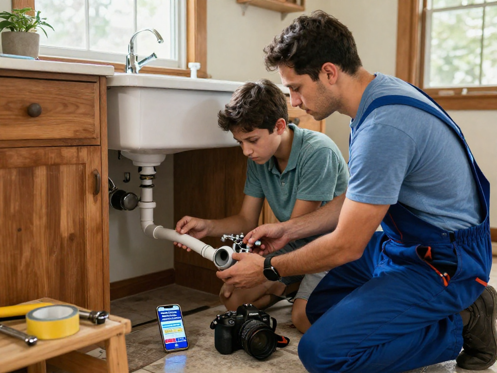 Leak repair Fort Worth service in a family home, showing a plumber fixing a leaking pipe while a homeowner looks on.