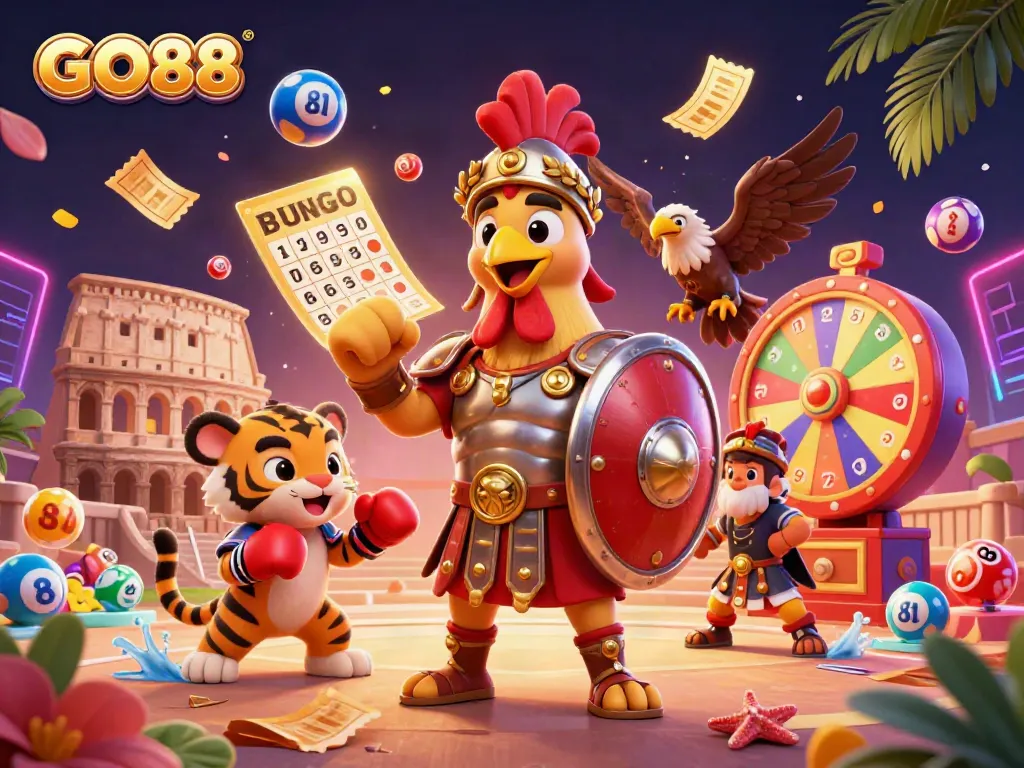 Capture the excitement of GO88 with a 3D gladiator rooster amidst vibrant casino elements, perfect for gambling enthusiasts.