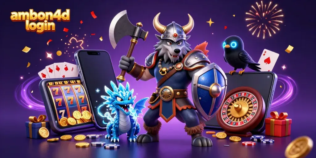 Experience thrilling wins with ambon4d login illustrated in a vibrant 3D casino scene.