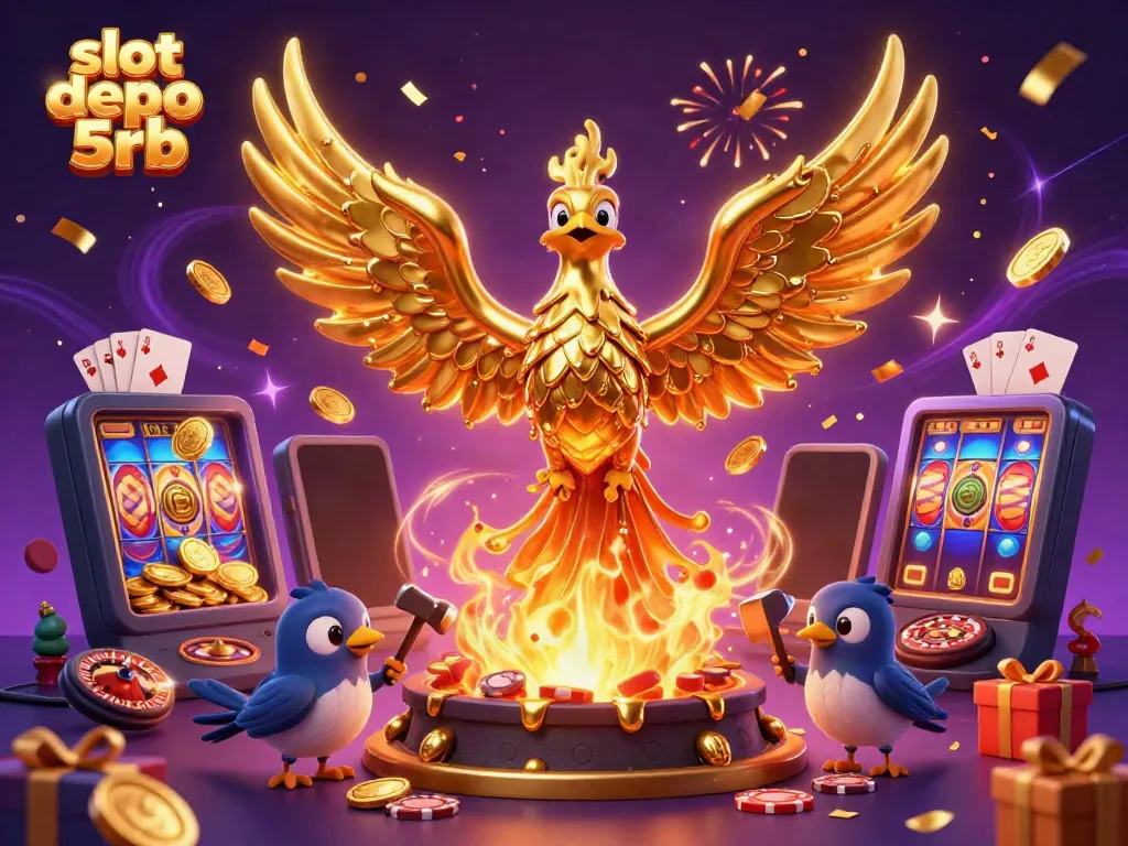 Spin and win at slot depo 5rb with a golden phoenix and exciting casino elements.