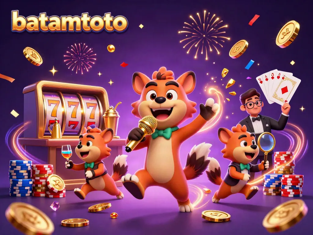Hyenas entertain in a vibrant casino scene showcasing batamtoto joy, with colorful slot elements and winning energy.