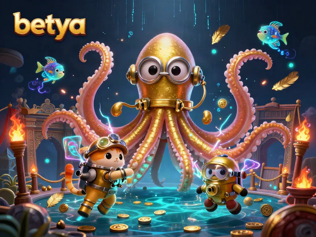 Experience thrilling games at Betya with a colossal kraken and diving cat in this vibrant casino scene.