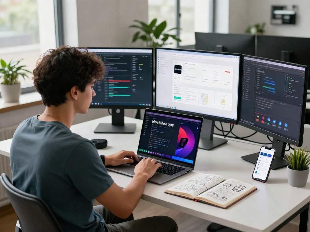 Developer showcasing Moviebox apk features on multiple screens in a modern workspace.