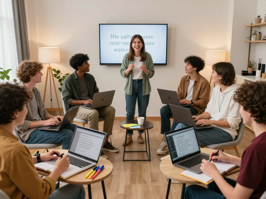Interactive online improv for beginners class with diverse participants engaging in fun exercises and creativity