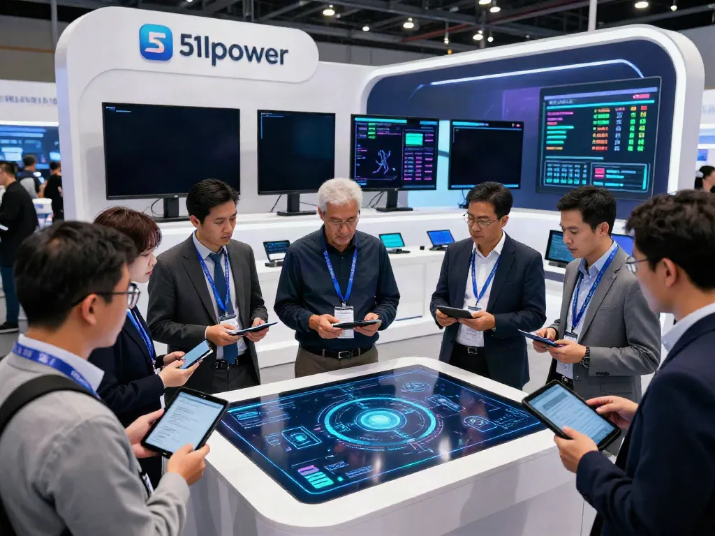 Professionals discussing what are AI tokens at a tech exhibition with digital displays and interactive technology.