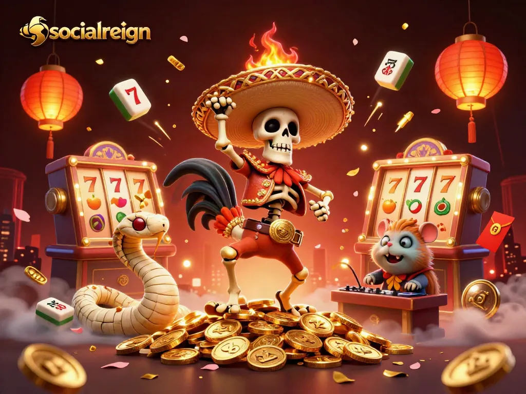 Enjoy exciting slots action with socialreign's vibrant 3D casino illustration featuring lively characters
