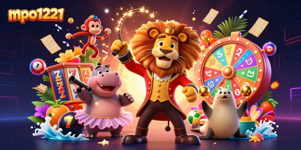 Engage in excitement with mpo1221 as the 3D circus characters showcase vibrant slot reels and lottery elements in this dynamic casino illustration.