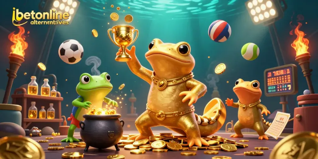 Experience the excitement of betonline alternatives with a dynamic scene featuring alchemists and sports elements.