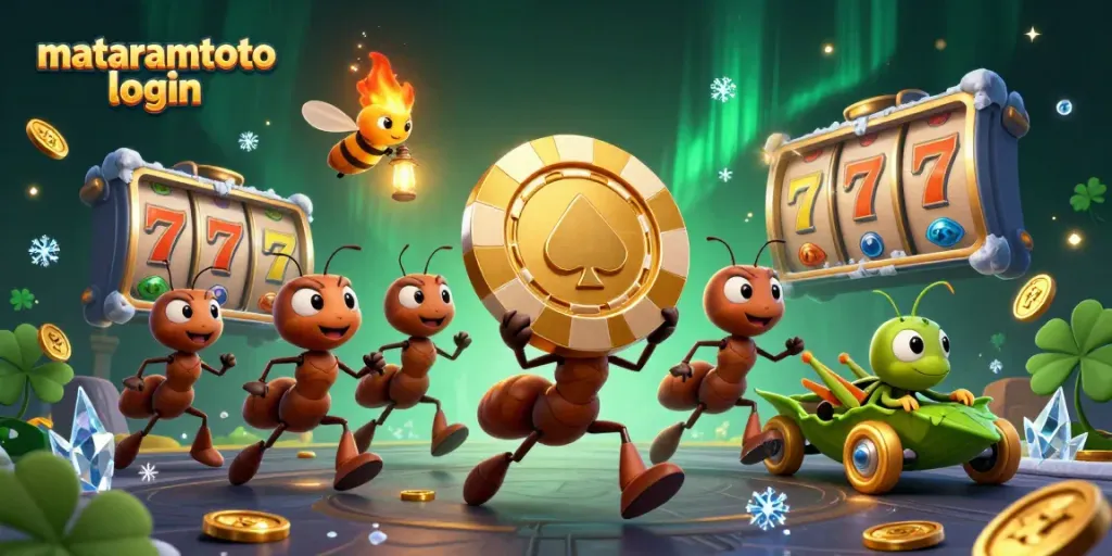 Experience the thrill of gambling with mataramtoto login, where whimsical 3D ants carry a giant poker chip amidst dynamic slot elements.
