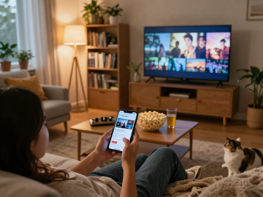 Enjoying the Moviebox app in a cozy living room with snacks and warm lighting.