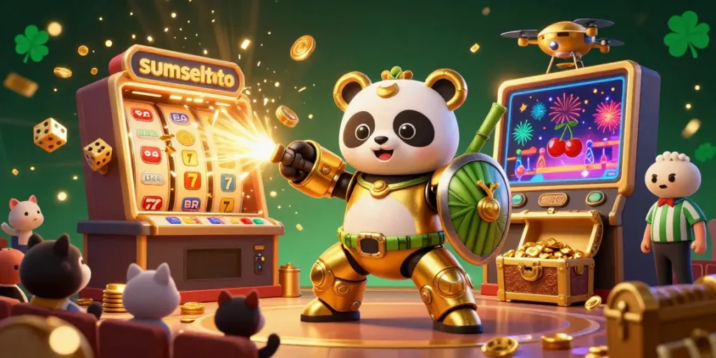 Sumseltoto showcases an exciting 3D scene featuring a mech-suit panda amidst casino elements, radiating energy.